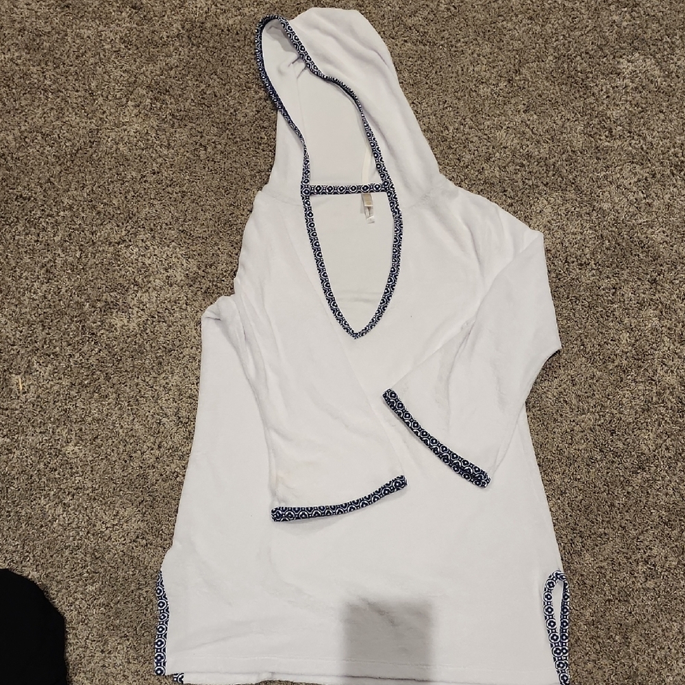 Helen Jon White Hoodie with Navy Accents Swim Cover Up